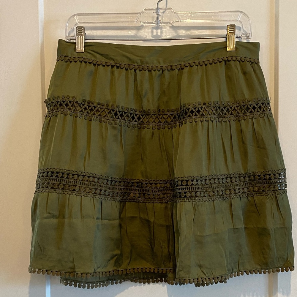 Romantic boho silky skirt.  Olive green with lots of detail.  WHBM Size S.